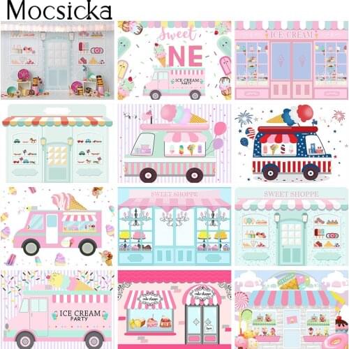 Ice cream birthday backdrop Sweet Truck Shop Girl Happy Birthday Photo Background Pink Car Photo Background Cake Table Banner