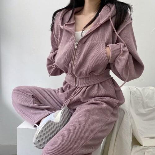 Womens Casual Pant Sets Spring Autumn Tracksuits Crop Zipper Hooded Jacket Sweatshirt + Wide Leng Long Pants Ladies Sweatsuits