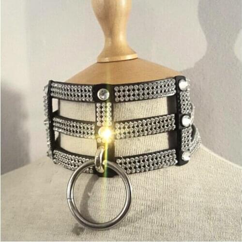 Handmade Punk Pastel Goth Crystal Leather Choker Fetish Collar Charm 3 Row Caged Cut Out BDSM Collar Necklace