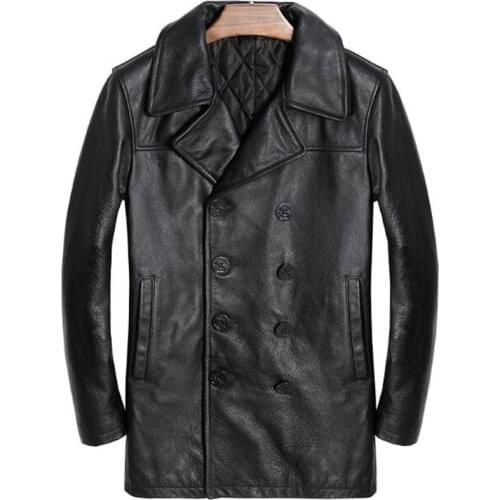Genuine Leather Jacket Men Double Breasted Long Coat Winter Real 100% Natural Sheep Skin Leather Black Brand Casual Male Peacoat