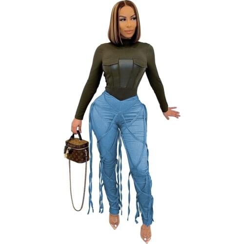 2021 New Product Skinny High Waist Classic Pencil Pants Trousers Loung Wear Womens Cute Lace-Up Rope Jeans