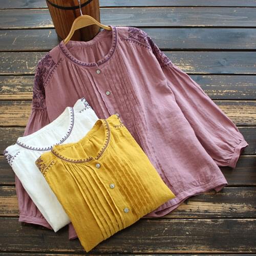 8811 New Spring Women Tops Literary Retro Nine-quarter Sleeve Stand Collar Loose Embroidery Cotton linen Shirt