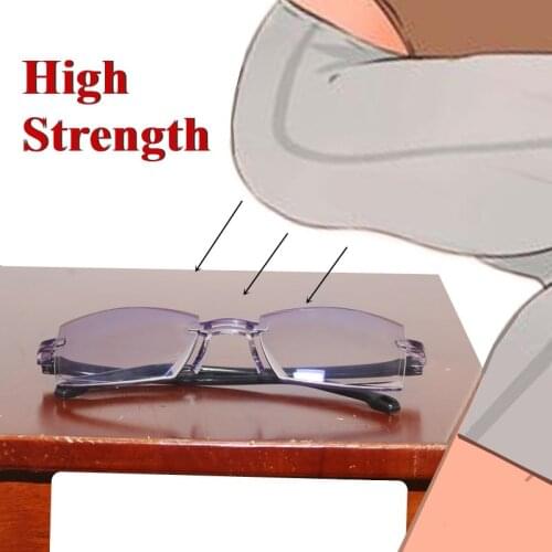 Diamond Cutting Finished Bifocal Reading Glasses Men Anti Blue Tr90 Temple Rimless Square Presbyopia Glasses High Strength PC