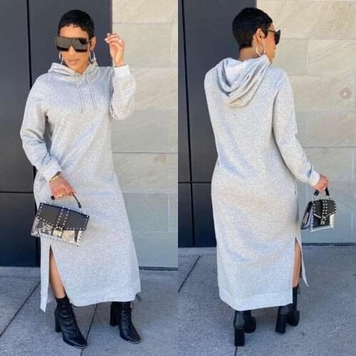 Y5201 Autumn clothes European and American womens fashion loose-fitting solid color hooded long-sleeved split dress long skirt
