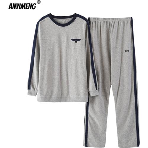Plain Pajamas Men Set Cotton Loungewear Autumn Winter Minimalism Sleep Wear Long Sleeved Pullover Home Clothing Plus Size Pyjama