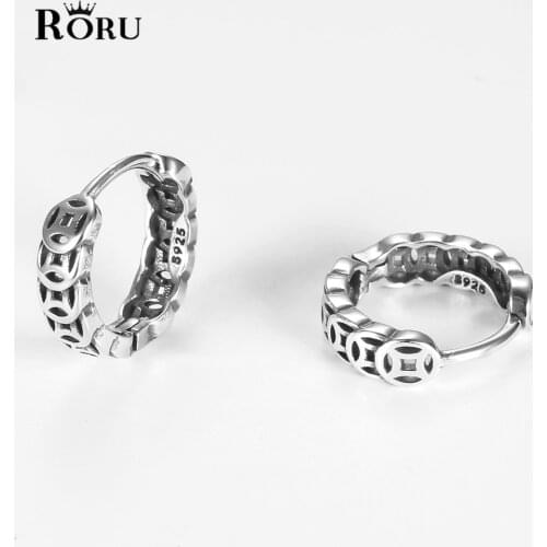 Retro 925 Sterling Silver Small Hollow Out Hoop Earrings for Women Girls Punk 2021 Geometry New Copper Coin Chinese Elements