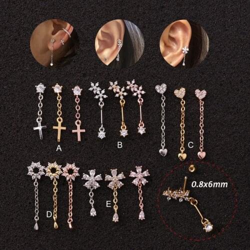 Newest 1piece CZ dangle Flower Heart ear piercing jewelry steel barbell daith earring helix cartilage screw back stud