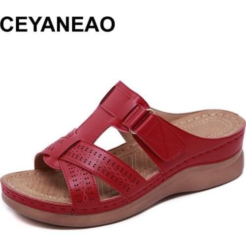 CEYANEAO Women PU Leather Shoes Comfy Platform Flat Sole Ladies Casual Soft Woman platform slippers Wedge Sandal Beach flip flop
