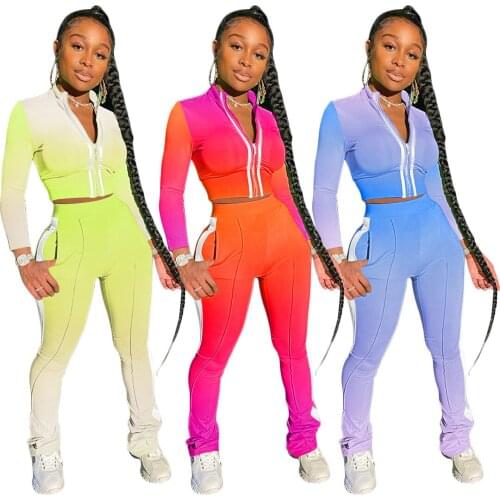 Gradient Color Striped Patchwork Tracksuit Womens Clothing Zipper Jacket Flare Jogger Pants Set Active Two Piece Fitness Outfit
