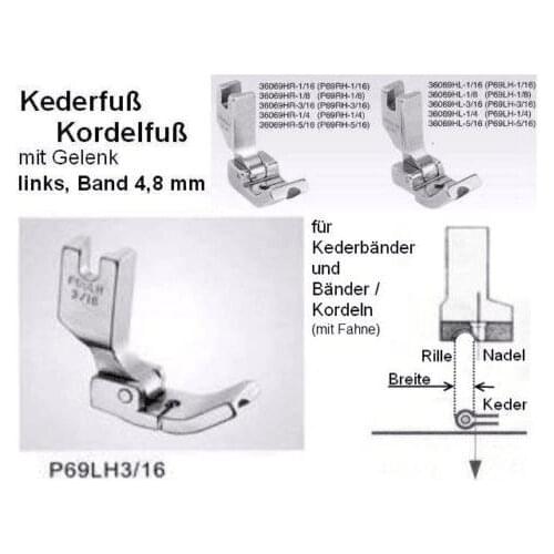 Piping Cording Foot P69LH1/2,P69LH1/4,P69LH1/8,P69LH1/16 Left Side For JUKI SINGER Industrial Machines P69LH