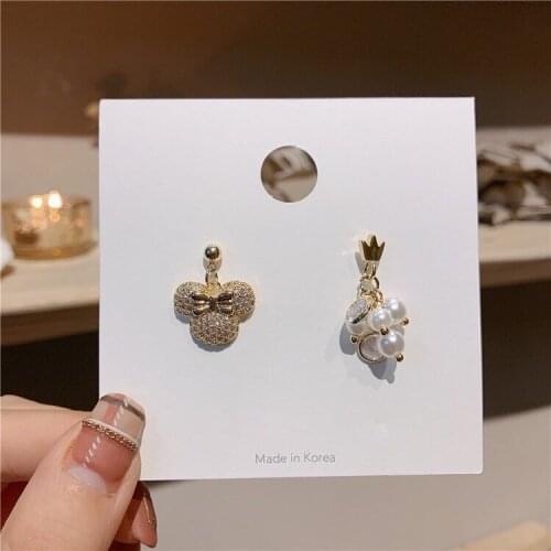 Pearl Crystals Cute Earrings Wholesale Silver-plated Cartoon Romantic Wedding Jewelry Charm Asymmetric Accessories For Girls