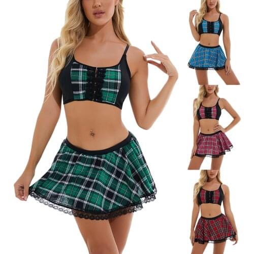 Women Sexy School Girls Outfit Spaghetti Strap Plaid Crop Cami Tops Mini Skirt Thongs Set