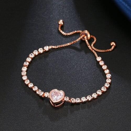 Adjustable Heart Rose Bracelet for Women Flower Gold Silver Color Cubic Zirconia Charm Bracelets Bangles Femme Wedding Jewelry