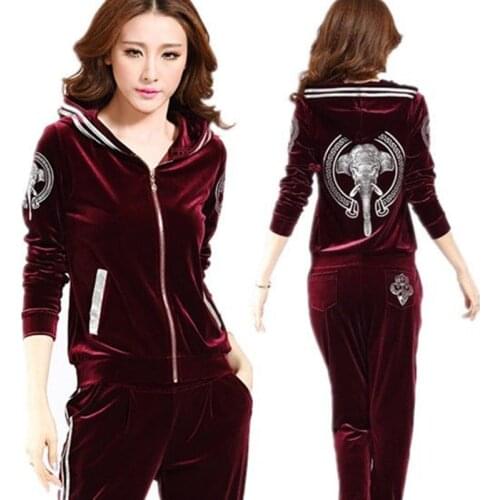 Women Velvet Tracksuits 2020 New Autumn Hooded Elephant Print Jacket+trousers Two Sets Gold Velvet Sportswear Suit Plus Size Set