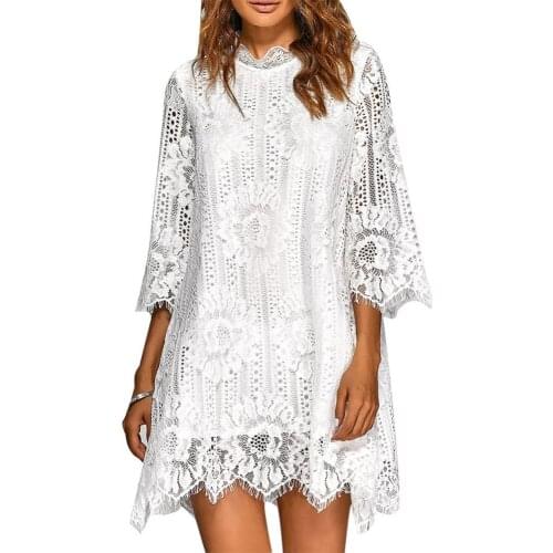 Plus Size Elegant Women Dress Lace Hook Flower Hollow 3/4 Sleeve Loose Irregular Hem Plain Openwork Lace Mini Dress Summer 2021