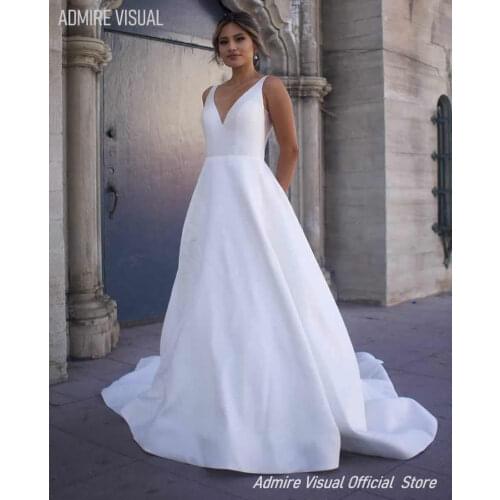 Newest Wedding Dress A-Line Satin Deep V-Neck Neckline Long Open-Back Plus Size Bride Gown 2021 Vestidos De Novia