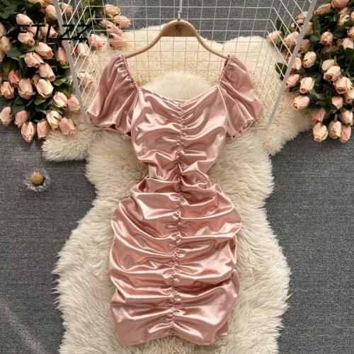 Women Short Sexy Bodycon Dress Summer V Neck Satin Pleated Club Party Dresses Woman Elegant Folds Mini Dress Vestidos Mujer