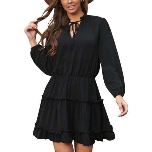 Women’s Casual Long Sleeve Dress Fashion Solid Color Tie-up V-neck High Waist Short Dress