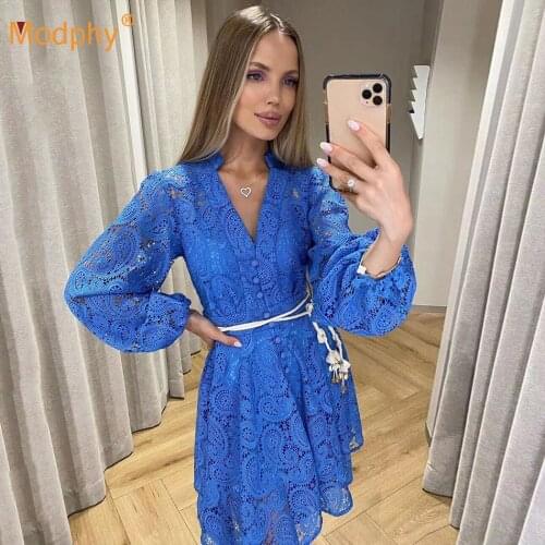 2020 Autumn New Embroidery Hollow Water-soluble Flower Dress Sexy V-neck Lantern Long Sleeve Elegant Party Lace-Up Mini Dress