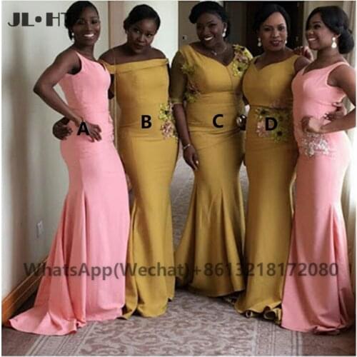 2021 African Mermaid Wedding Party Gown Long Bridesmaid Dresses Lace Appliques Elastic Satin Black Womens Bridesmaid Gowns