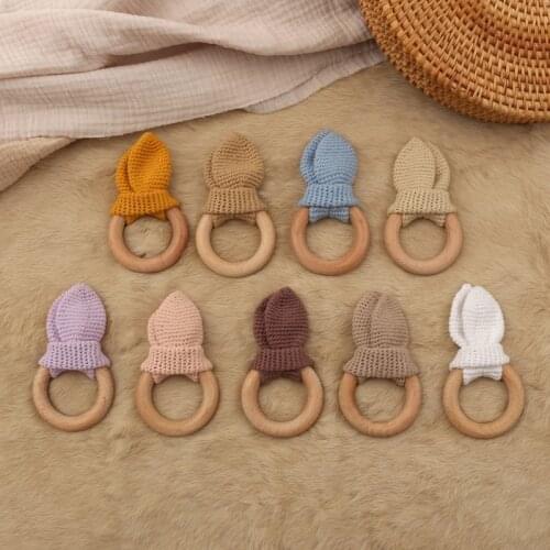 BPA Free Crochet Wooden Ring Baby Teether Cute Bunny Rattle Infant Teething Toy