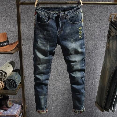 Newly Streetwear Fashion Men Jeans Elastic Slim Fit Ripped Jeans Men Japanese Style Embroidery Designer Patchwork Hip Hop Pants