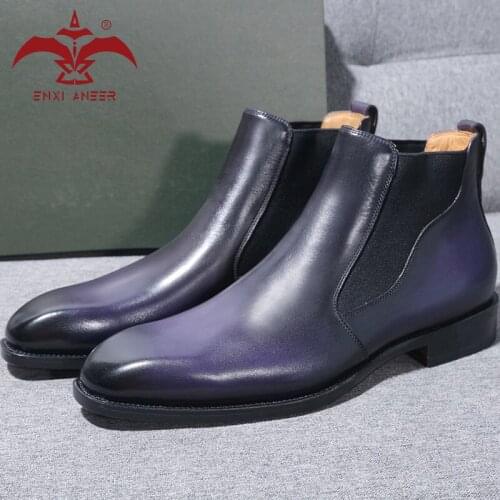 Hunky Men Shoes Only 100% Handmade Genuine Cow Leather Men Lady Boots Chelsea Martin Shoes in Patina Blue Purple Color
