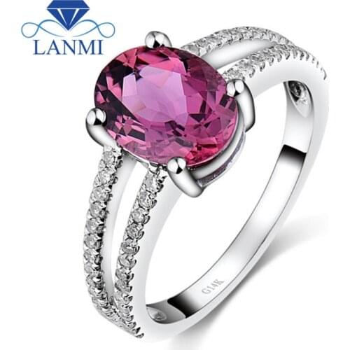 Oval 7x9mm Solid 14Kt White Gold Tourmaline Engagement Ring Real Diamond Gemstone Jewelry for Girlfriend