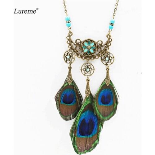Lureme Vintage Hollow Metal Pattern with Natural Peacock Feathers Pendant Statement Necklace (nl005768)