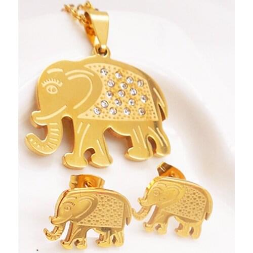 Cute Women 316L Stainless Steel Party,Golden Elephant Rhinestone E arrings F Pendant Necklace Set jewelry
