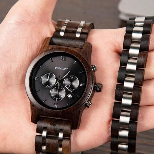 BOBO BIRD Fashion Stylish Men Wood Watches With Bracelet Business Quartz Timepiece Chronograph Stop Watch Best Gift In Box P19-1