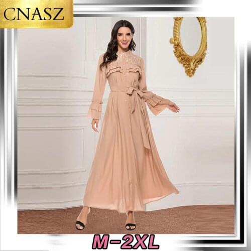 Muslim Middle East Long Sleeve Lace Stitching Waist Dress Dubai Islamic Long Skirt Have Belt Turkey Moroccan Arab Elegant Dress