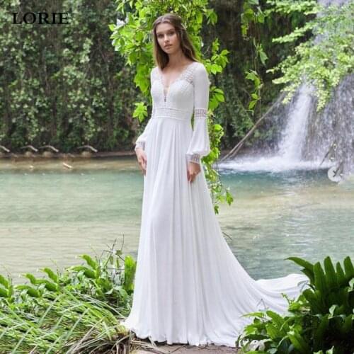 LORIE New Vintage Long Puff Sleeves Wedding Dress Lace And Chiffon A Line Bride Gowns Backless Sexy Boho Bridal Dress 2021