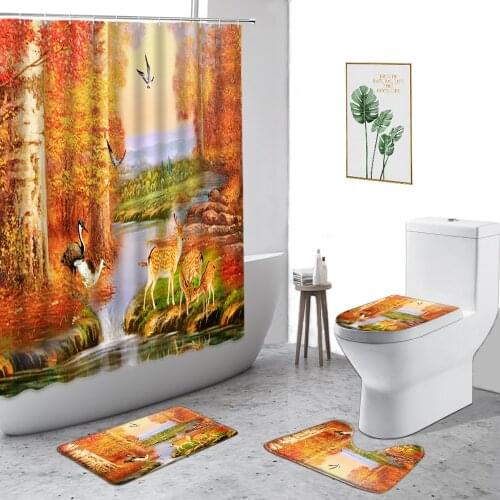 Autumn Oil Painting Landscape Shower Curtain Forest Stream Water Elk Bird 3D Printing Bathroom Curtains Set Non-Slip Bath Mat