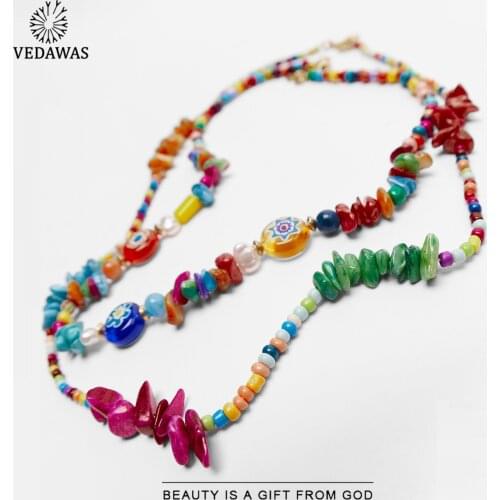 Vedawas ZA Colorful Nature Stone Beaded Necklace for Women Bohemian Handmade Pearl Collar Choker Necklace Jewelry Party Gifts