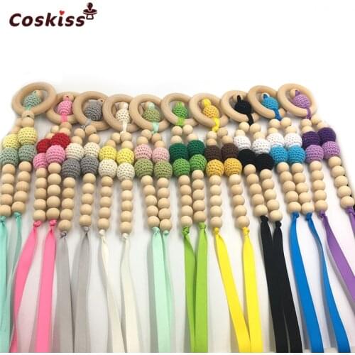 Baby Teether Necklace Safe Bright Ribbon Teether Necklace Organic Natural Wooden Crochet Bead Mom Kids Wooden Teether Necklace
