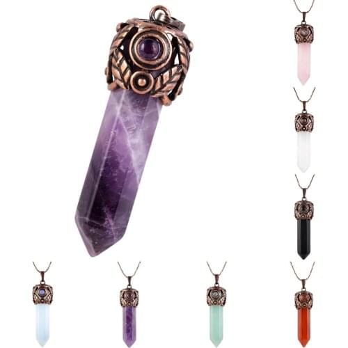 TUMBEELLUWA Natural Crystal Hexegonal Column Energy Pendant fit Necklaces,Antique Copper Leaf Wire Wrapped Stone Reiki Jewelry