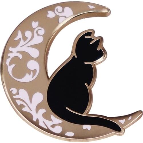 Crescent Black Cat Cute Cartoon Metal Enamel Lapel Clothes Coats Backpack Bag Badge Brooch Pin Accessories