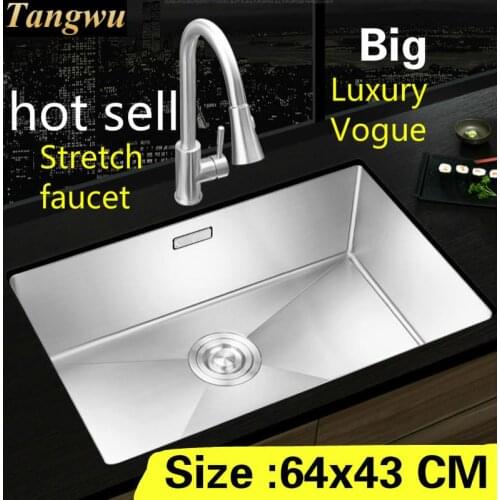 Free shipping Apartment kitchen manual sink single trough do the dishes stretch faucet 304 stainless steel big hot sell 64x43 CM
