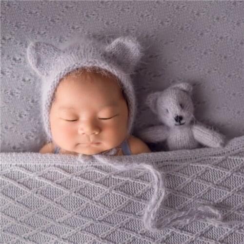 Grey Angora Bear Hat Fuzzy Stuffed Teddy Toy Knitted Newborn Hat Photo Props Baby Wool Bonnet Knitted Animal Toys Newborn Boy