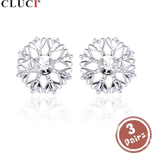 CLUCI 3 pair wholesale 925 Sterling Silver Stud Earrings Zircon Earring Mounting for Pearl Jewelry Women Earrings SE092SB