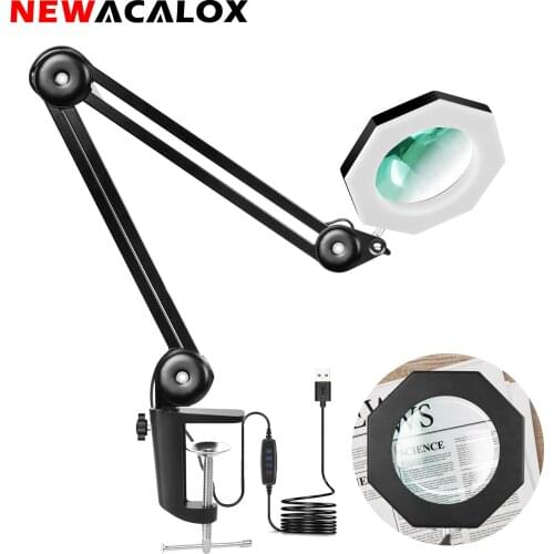 NEWACALOX Table Lamp Folding USB 5X Magnifying Glass 3 Colors LED Light Magnifier Soldering Third Hand Illuminated Glass Loup