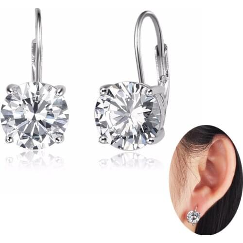 Gorgeous 925 Sterling Silver Solitaire Round Cut Cubic Zirconia Prong Setting Dangle Leverback Earrings