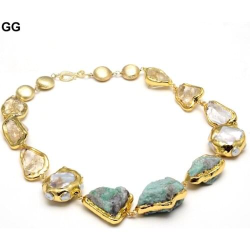 GuaiGuai Jewelry Natural Citrine Emeralds Rough Gems Cultured Keshi Pearl Gold Color Plated Wrap Necklace 21" For Women