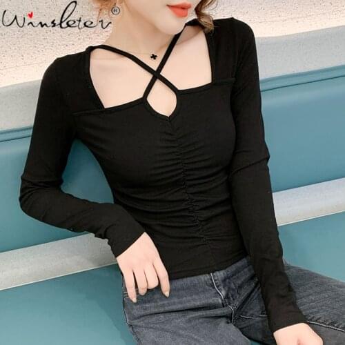 Autumn European Clothes Cotton Solid T-Shirt Fashion Sexy Hollow Out Drape Women Tops Long Sleeve Pullover Tees New 2021 T17322A
