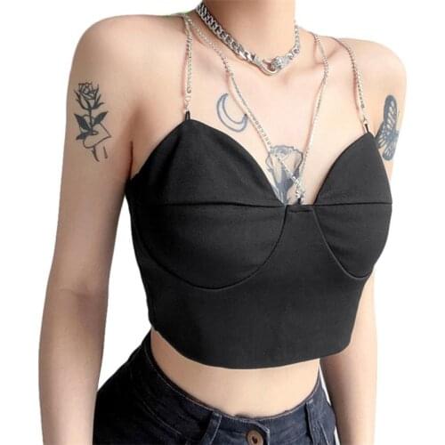 Women Close-fitting Sexy Camisole Black Solid Color V-neck Tops Sleeveless Crop Tops Metal Chain Top Navel Tops for Daily Wear