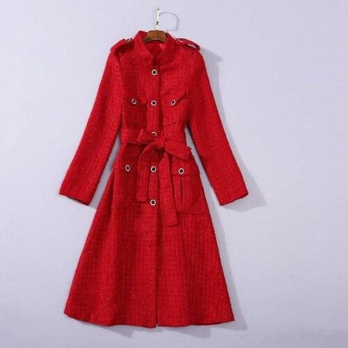 European and American womens wear 2020 winter new style Long - sleeved stand-up collar elegant buttons lace-up tweed coat