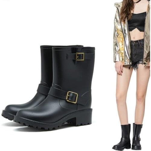Mid-Calf Buckle Strap PVC Women Rainboots Womens Rain Boots Waterproof Matte Wellies Wellington Boots Rainshoes women shoes