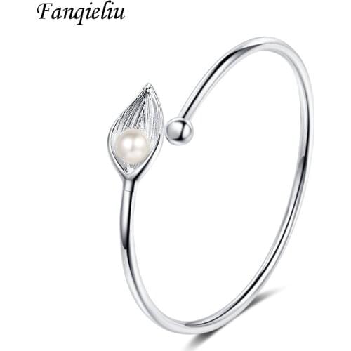 Fanqieliu Vintage Cuff Bracelet Charms Leaf Pearl 925 Sterling Silver Bangles For Women Adjustable Bracelets Female FQL20353