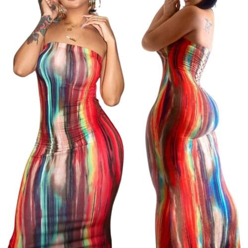 Womens Printed Dress Summer 2021, Sleeveless Striped Dress, Silm Fit Off Shoulder Long Dress Evening Party